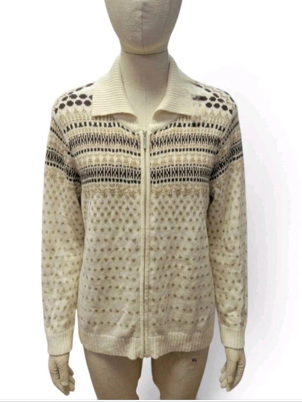 CJ Banks Fair Isle Sweater Full Zip Cardigan Nordic Pattern Cream Blue Cotton X